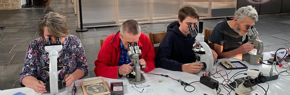 Vier volwassen mensen die kijken door een microscoop